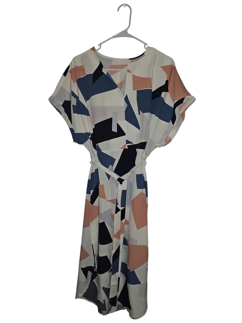 Abstract Geometric Print Midi Dress - Peach & Navy